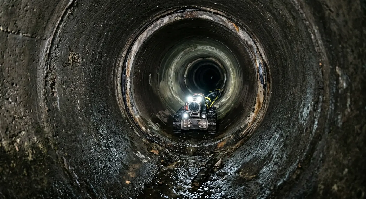 Robotic sewer camera inspecting pipe interior for Sewer Line Repair in Stonington