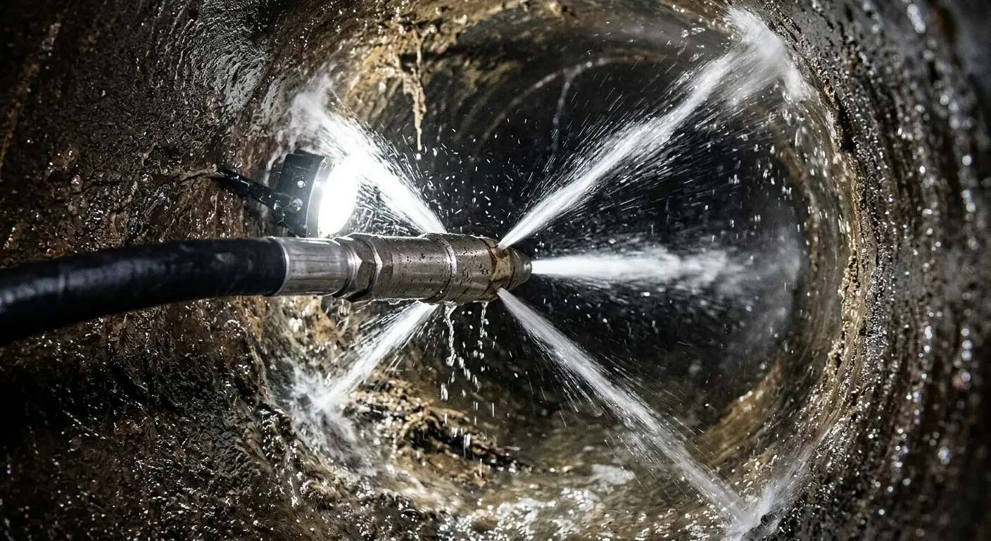 High-pressure hydro jetting nozzle cleaning sewer pipe for Storm Drain Cleaning in Stonington