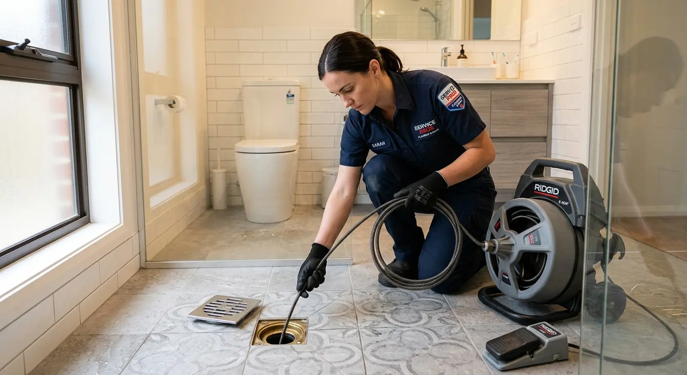 Technician clearing a bathroom floor drain for Clogged Drain Repair in Stonington